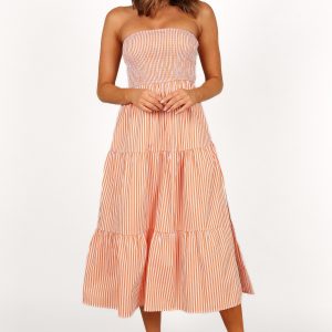 Maisie Strapless Midi Dress - Orange Stripe